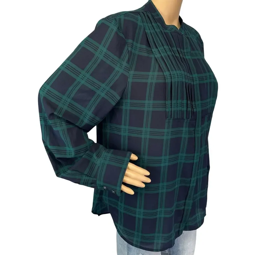 J. Crew Drapey Tuxedo Bib Blouse in Navy Green Plaid E5598 Size XL